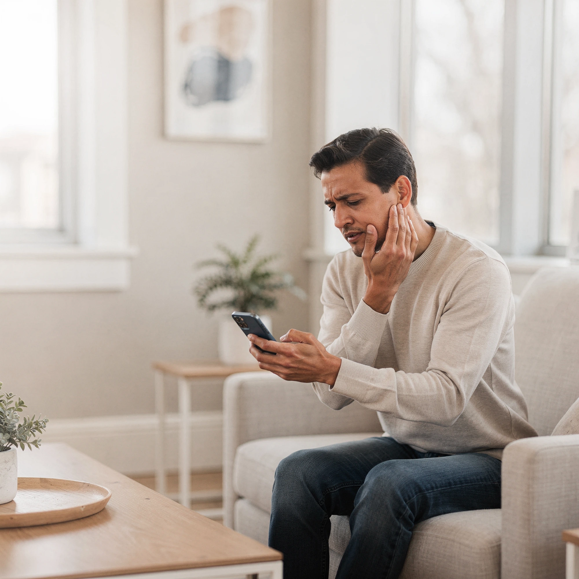 Man holding his cheek in pain while looking at his phone in a bright living room